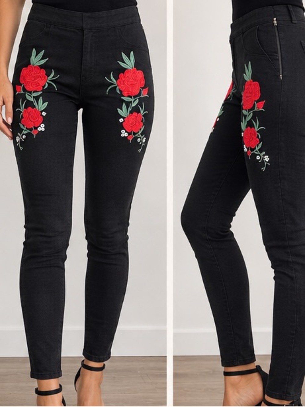 H&M Black Floral Embroidered Pants Size 4 Red Rose Straight Leg